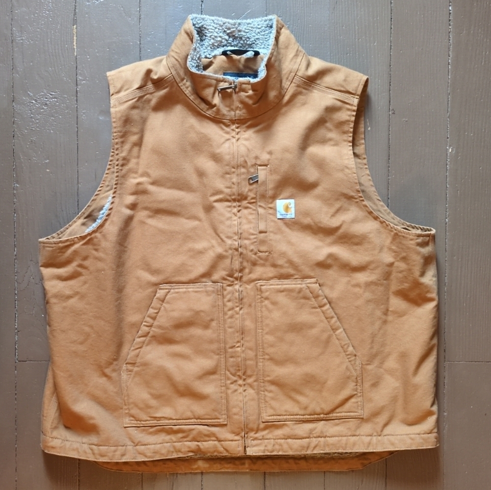 Carhartt Sherpa Lined Duck Canvas Vest Brown 2XL Loose Fit Workwear